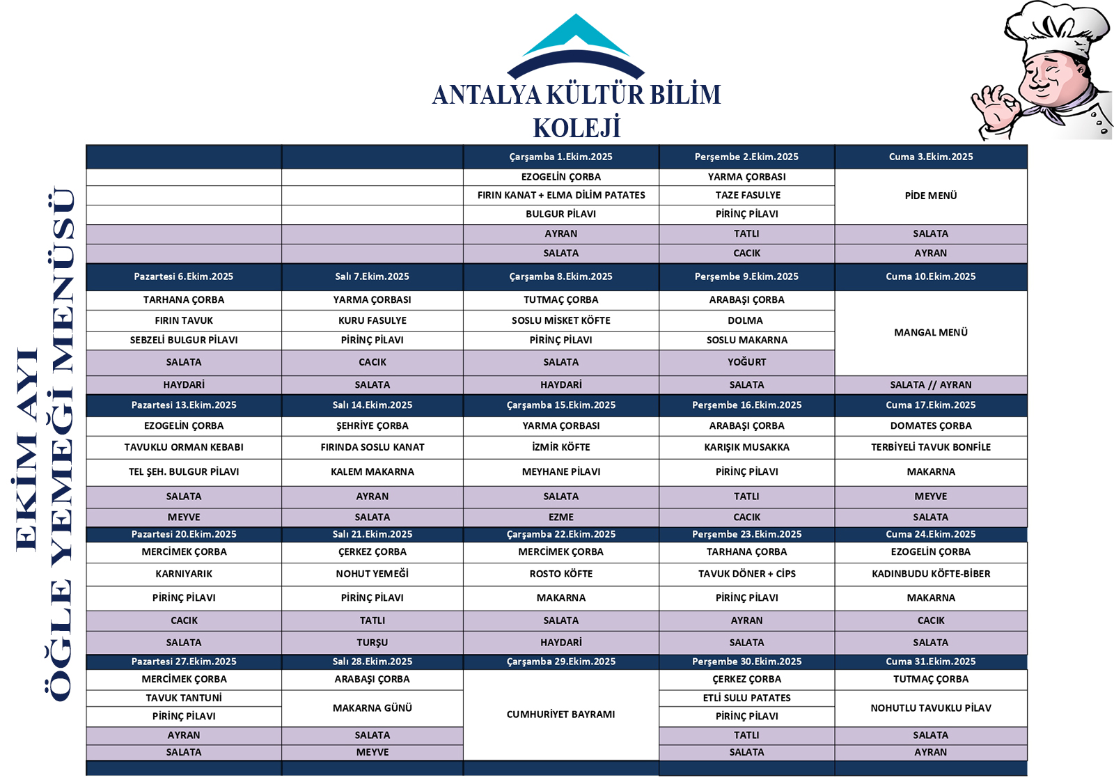 Ekim Ayı Öğle Yemeği Menüsü